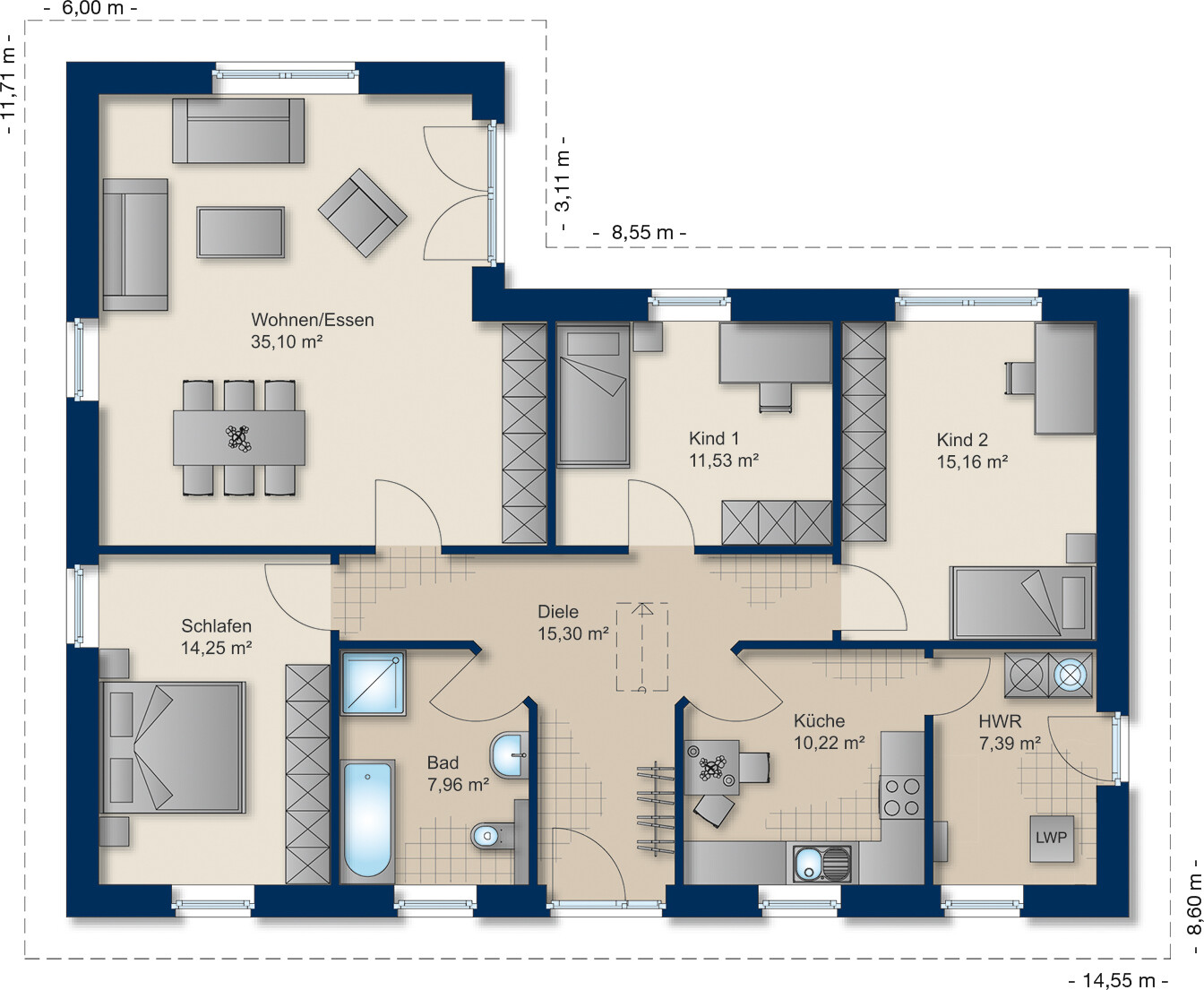 Grundriss Winkelbungalow 115