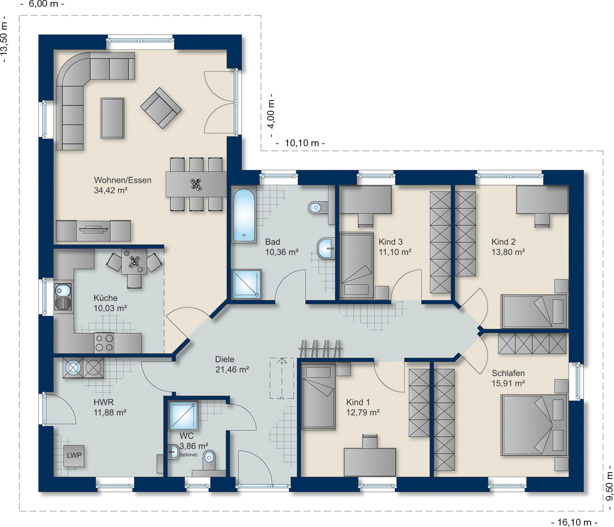 Grundriss Winkelbungalow 145